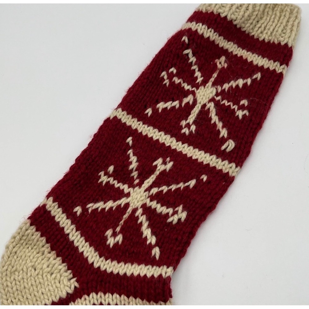 POTTERY BARN Christmas Stocking Red Ivory Chunky Knit Snowflake Bells Holiday